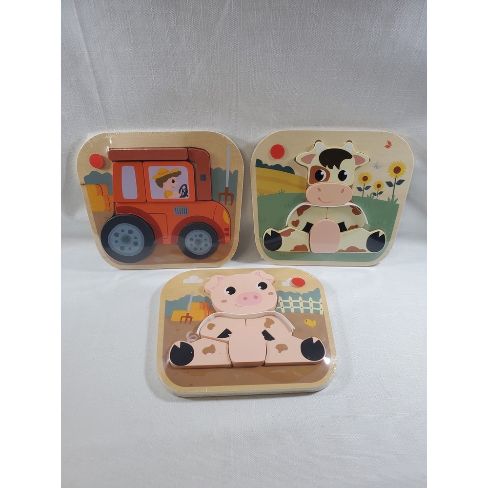 Lot Of 3 Wooden Farm Animal Puzzles Cow Pig Tractor Preschool Toys NEW/SEALED
